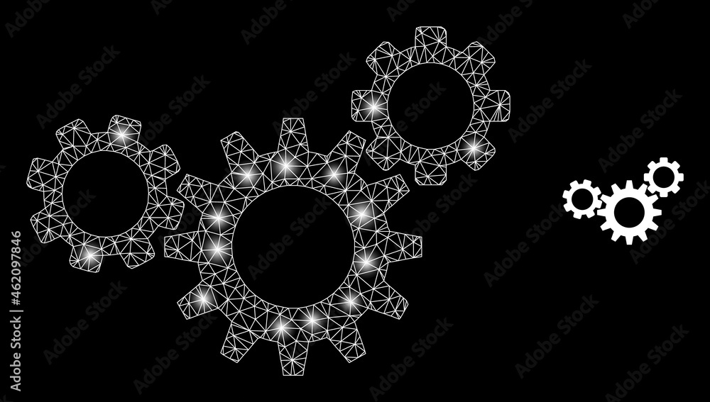 Fototapeta premium Glossy mesh vector gear mechanism with glow effect. White mesh, glare spots on a black background with gear mechanism icon. Mesh and glowing elements are placed on different layers.