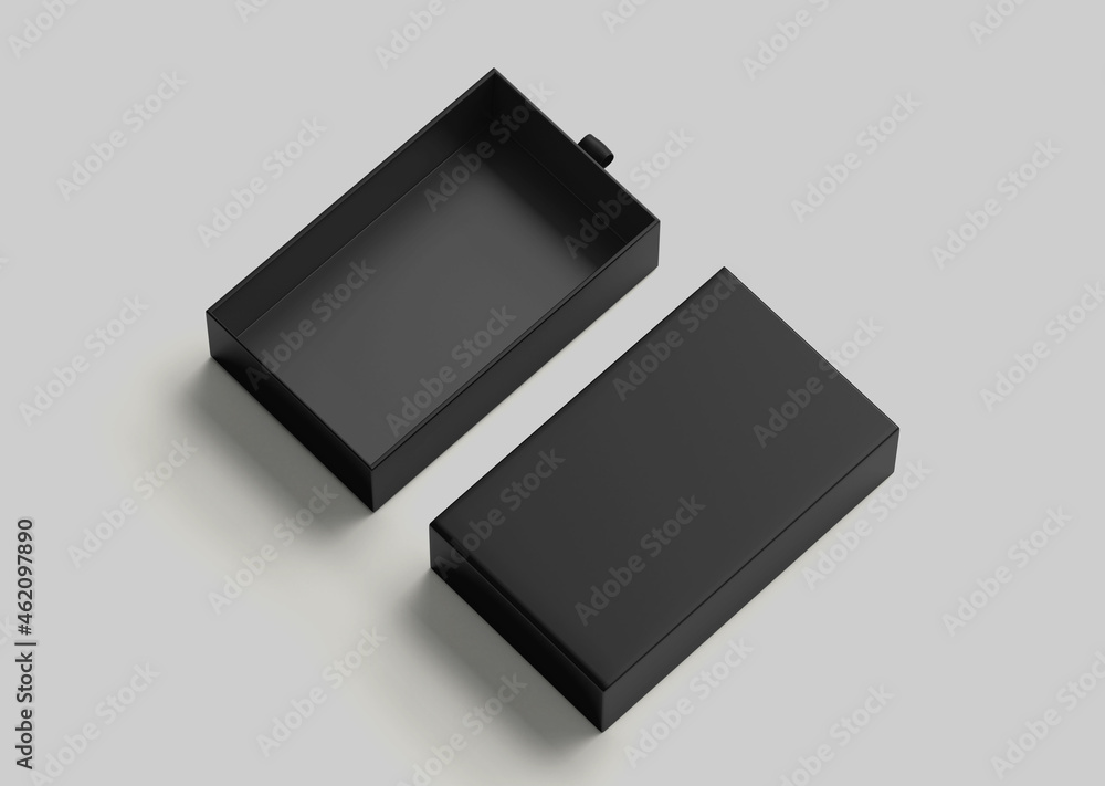 Black Drawer Package Box Mockup, Blank cardboard container, 3d rendering isolated on light background Black Drawer Package Box Mockup, Blank cardboard container, 3d rendering isolated on light background