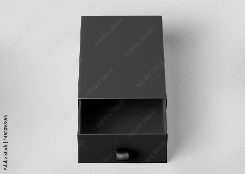 Black Drawer Package Box Mockup, Blank cardboard container, 3d rendering isolated on light background