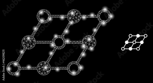 Glossy mesh vector inclined grid with glare effect. White mesh, bright spots on a black background with inclined grid icon. Mesh and glare elements are placed on different layers.