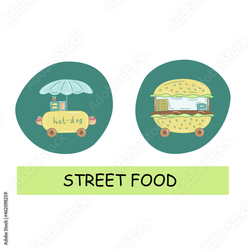 Digital illustration of street food counter. 