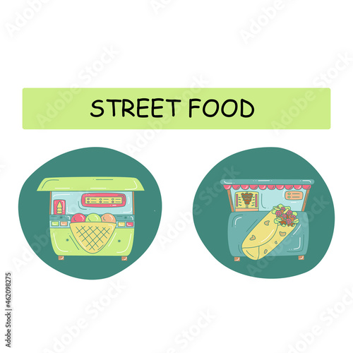 Digital illustration of street food counter. 