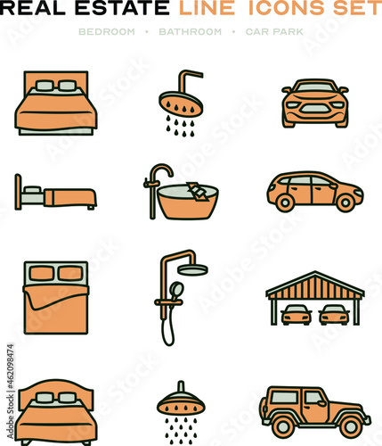 Real Estate line icons set including bed for bedroom bath and shower for bathroom and vehicle for car park