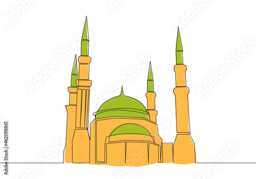 Single continuous line drawing of muslim historical landmark masjid or mosque. Historical construction use as a place of praying for Islamic person concept one line draw design vector illustration