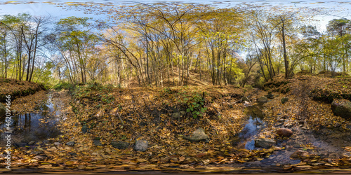 Fototapeta Naklejka Na Ścianę i Meble -  full seamless hdri 360 panorama near mountain stream in tree-covered ravine in autumn forest equirectangular spherical projection. ready VR AR virtual reality content