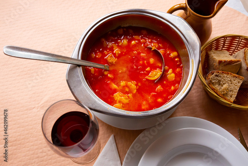 Hot Callos a la gallega stew - traditional dish of Galician cuisine. Rich pork tripe broth with vegetables