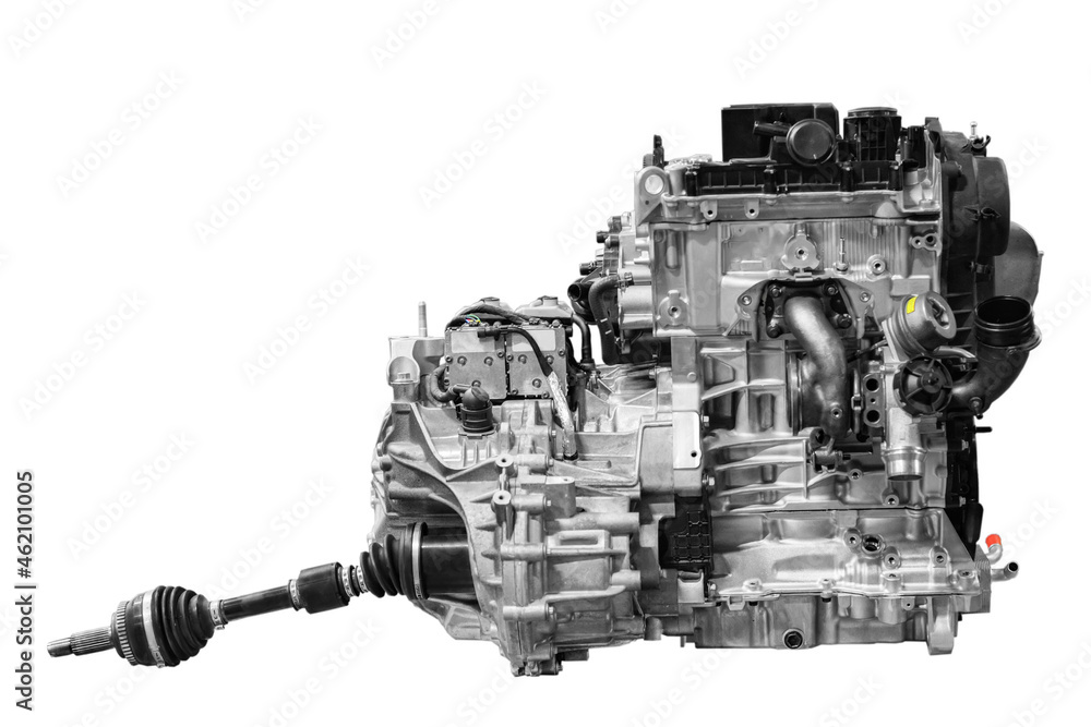car engine with gearbox on white background