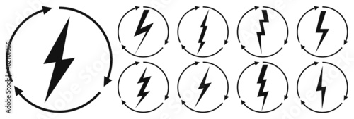 Renewable energy icons, graphic design template, lightning bolt. Set alternative power signs, vector illustration