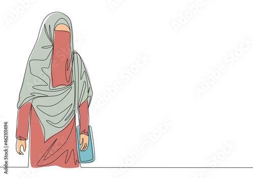 One single line drawing of young attractive Asian muslimah wearing burqa while carrying pocket bag. Traditional beauty Arabian woman niqab cloth concept continuous line draw design vector illustration