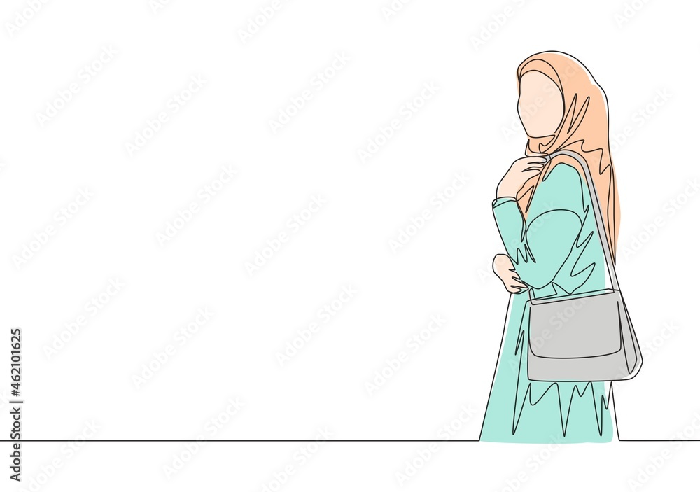 One single line drawing of young happy muslimah on Islamic cloth carrying a purse ready to hangout. Pretty Asian women model in hijab fashion concept continuous line draw design vector illustration One single line drawing of young happy muslimah on Islamic cloth carrying a purse ready to hangout. Pretty Asian women model in hijab fashion concept continuous line draw design vector illustration