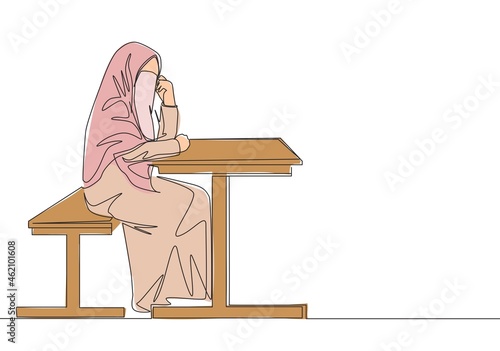 One continuous line drawing of young happy attractive muslimah wearing burqa sitting on chair wair for friend. Traditional Islamic woman niqab dress concept single line draw design vector illustration