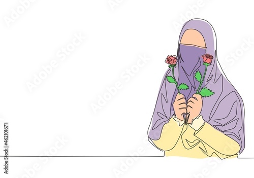 Single continuous line drawing of young happy saudi arabian muslimah wearing burqa while holding rose flower. Traditional muslim woman niqab with hijab concept one line draw design vector illustration photo