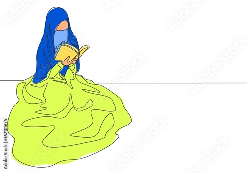 One continuous line drawing of young pretty saudi arabian muslimah wearing burqa reading a book on the floor. Traditional Islamic woman niqab dress concept single line draw design vector illustration