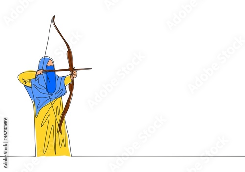 One single line drawing of young beauty saudi arabian muslimah wearing burqa and aiming archery arrow. Traditional Arabian woman niqab cloth concept continuous line draw design vector illustration