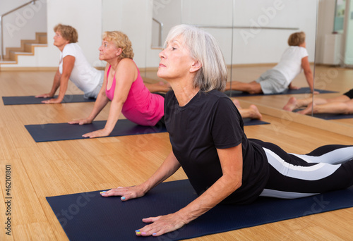 Group of active elderly women doing yoga in the studio perform an exercise in the dog pose face up, strengthening the arms and ..stretching the chest area