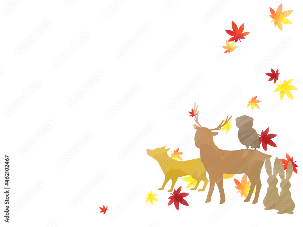 Naklejka premium 秋の落ち葉と動物のイラスト背景