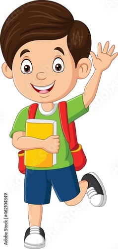 Happy school boy waving hand