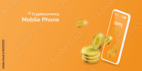 Bitcoin crypto 3d on mobile phone.Vector crypto currency on orange background.Money digital finance and wallet crypto exchange of world.