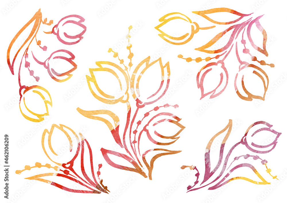 Watercolor artistic multicolor Set of floral Tulip elements in the style of line art wedding theme on a white background. Doodle and scribble. violet, purple, brown, pink, red, yellow and orange