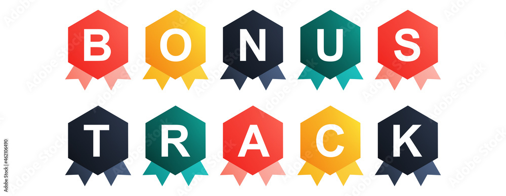 Bonus Track - text written on Beautiful Isolated Colourful Shapes with White background Bonus Track - text written on Beautiful Isolated Colourful Shapes with White background