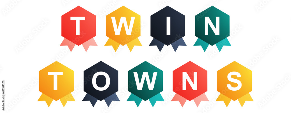 Twin Towns - text written on Beautiful Isolated Colourful Shapes with White background Twin Towns - text written on Beautiful Isolated Colourful Shapes with White background