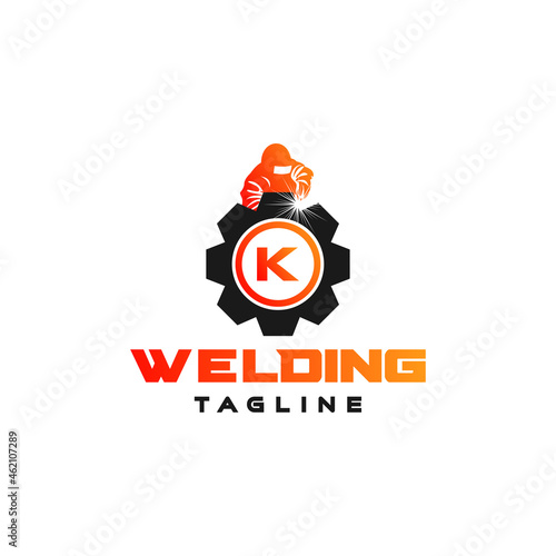 Letter K welding logo, welder silhouette working with weld helmet in simple and modern design style art