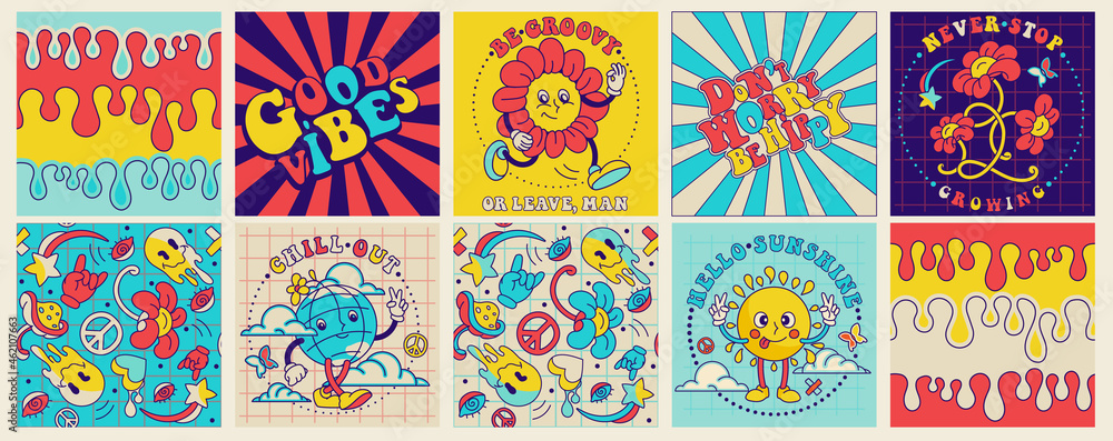Groovy square seamless pattern, funky poster, 70's stickers . Retro print with hippie motivational slogan. Character concepts of crazy sun, dripping emoticon, fun peace symbol, groovy mushroom. - obrazy, fototapety, plakaty 