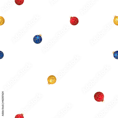 Seamless pattern with various Christmas balls on white background. Seamless pattern with small elements for textile or fabric.