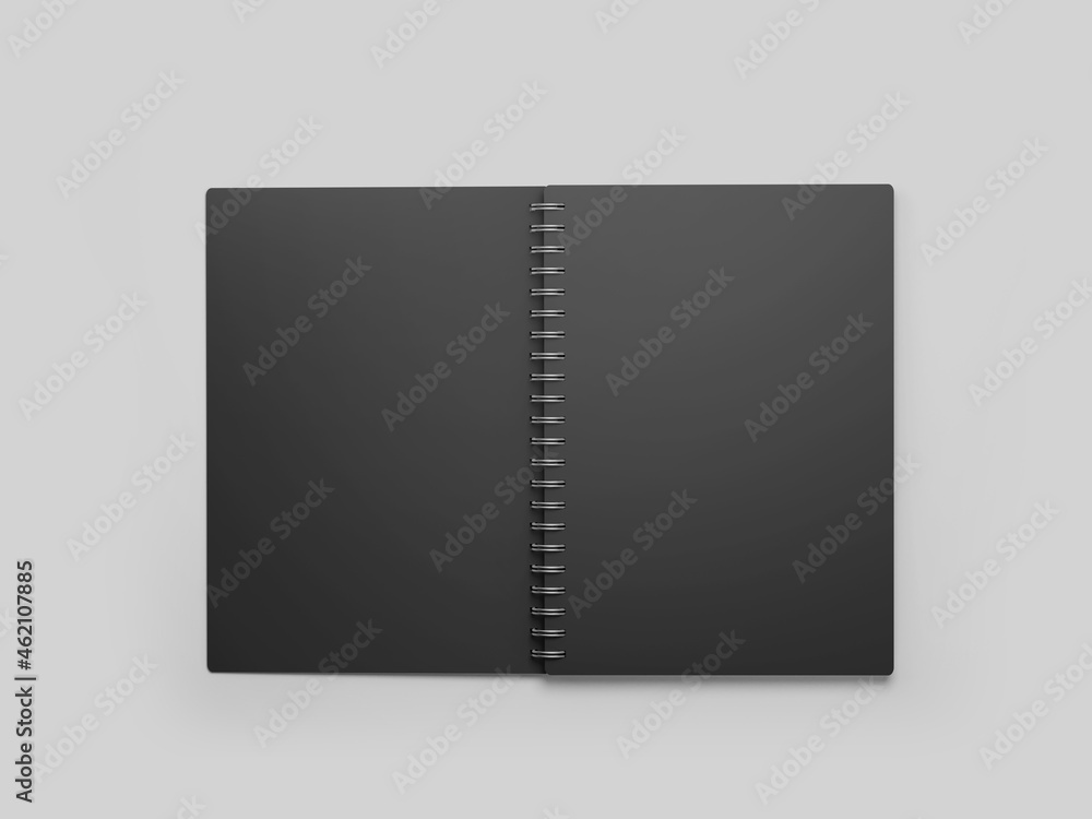Black Spiral notebook mockup, Dark blank workbook notepad template, 3d rendering isolated on light background Black Spiral notebook mockup, Dark blank workbook notepad template, 3d rendering isolated on light background