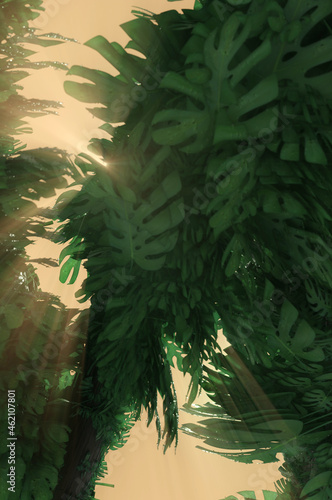 3d illustration. 3d illustration. Tropical leaves natural and sun light background