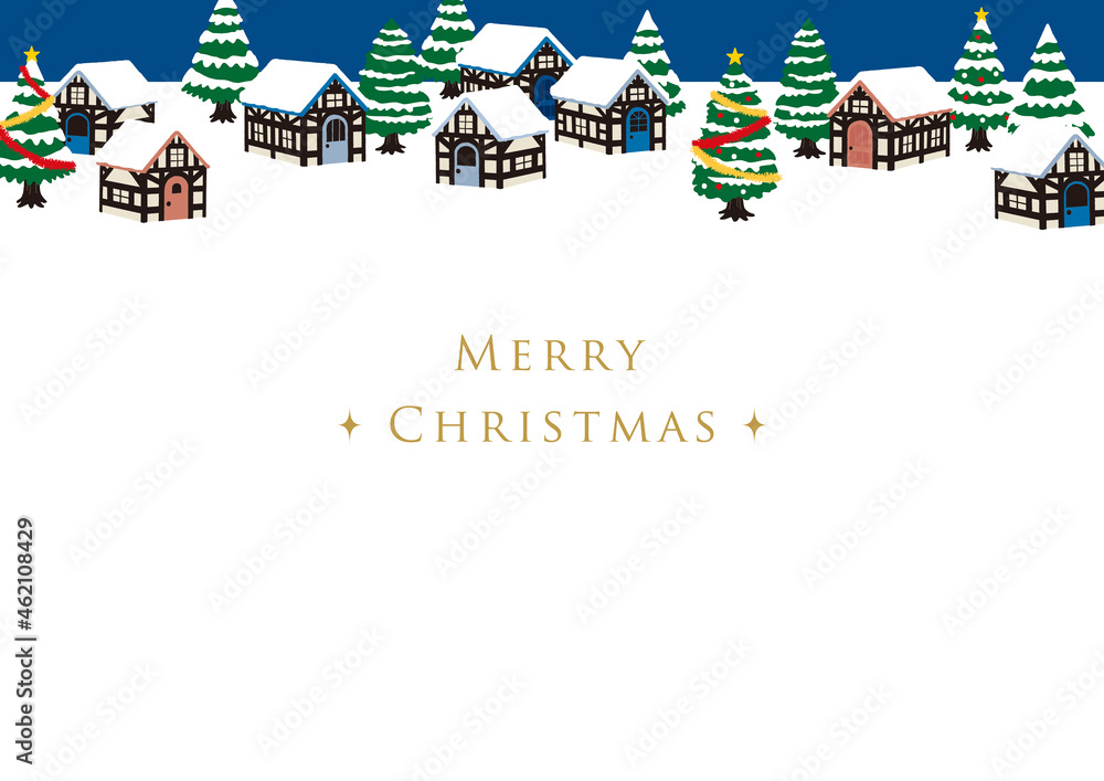Naklejka premium 雪景色とクリスマスの街並み 青背景 横 文字あり