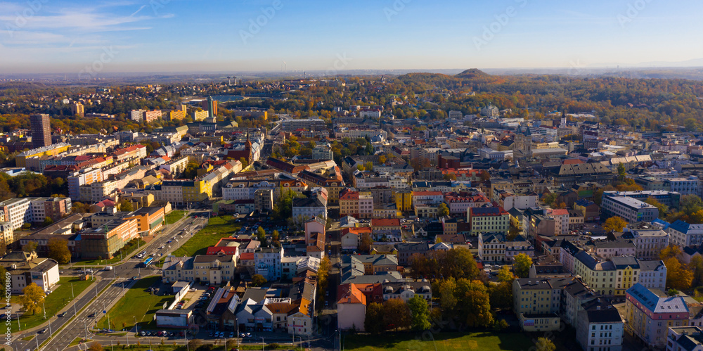 Panoramic aerial view of autumn landscape of Czech city of Ostrava on sunny day, Moravian-Silesian Region