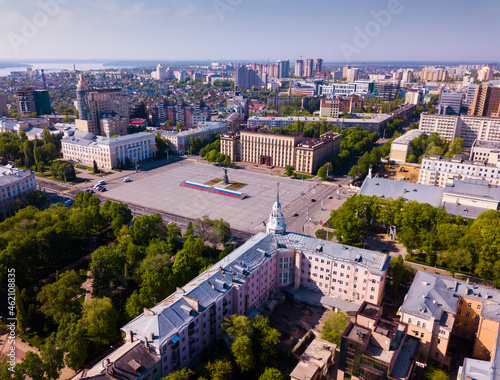 View from drone of center of Voronezh with Lenin Square and panel buildings, Russia