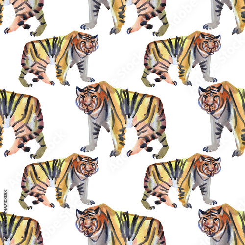 Seamless pattern watercolor hand-drawn abstract tiger wild cat isolated on white. Chinese symbol new year. Orange animal with black stripes. Creative background for celebration  wrapping
