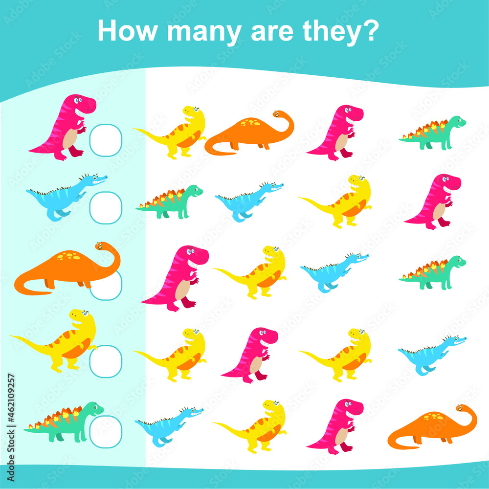 How many are they game. Dinosaurs Edition. Cute math worksheet. Educational activity for preschool kids. Vector illustration.