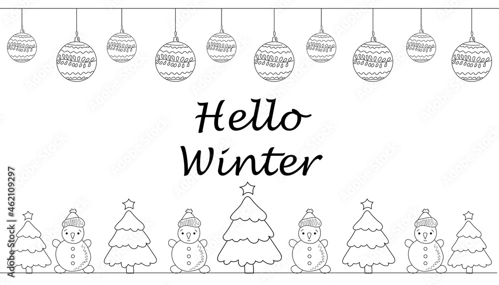 Winter illustration with a black line. A simple background with an inscription, a linerart.