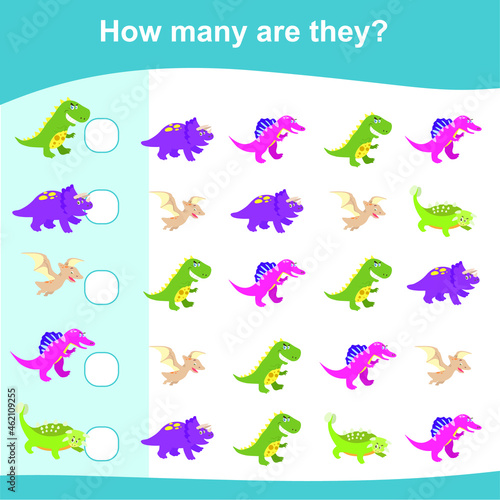 How many are they game. Dinosaurs Edition. Cute math worksheet. Educational activity for preschool kids. Vector illustration.