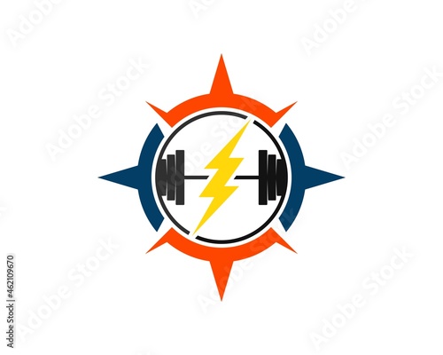 Modern compass with gym barbell and lightning inside