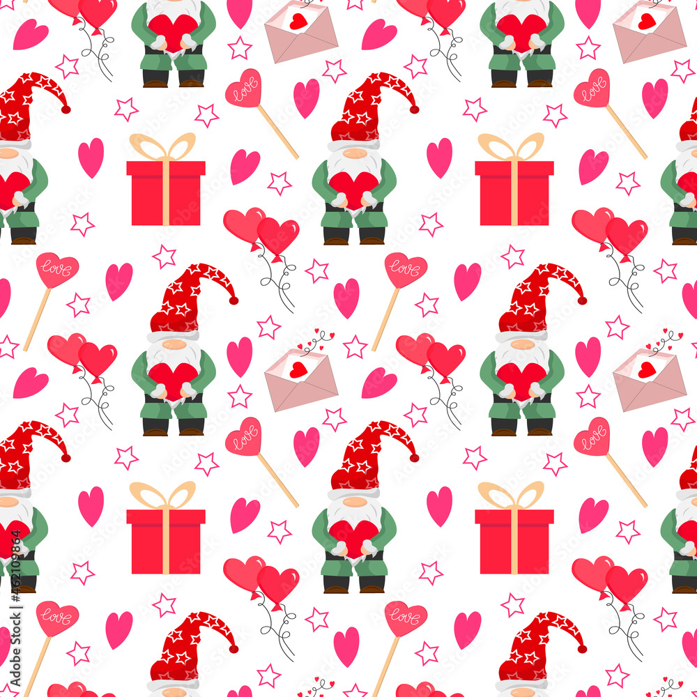 Little gnome pattern for valentine day. Balloons, heart and box with gifts. Vector illustration. For baby products, prints, packaging, shops, covers and flyers.