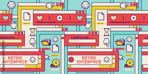 Nostalgia desktop wallpaper .Old computer aesthetic illustration, retrowave style desktop. Retro user interface. 
Vibrant background.