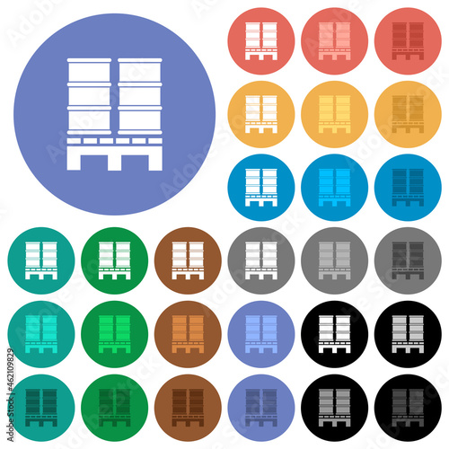 Pallet with barrels round flat multi colored icons