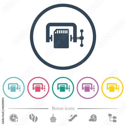 SD memory card compress solid flat color icons in round outlines