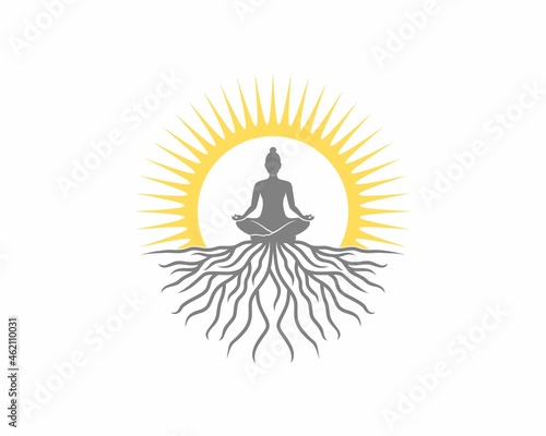 Woman meditation on the tree roots illustration