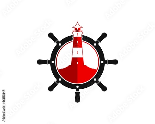 Ship steering wheel with red lighthouse inside