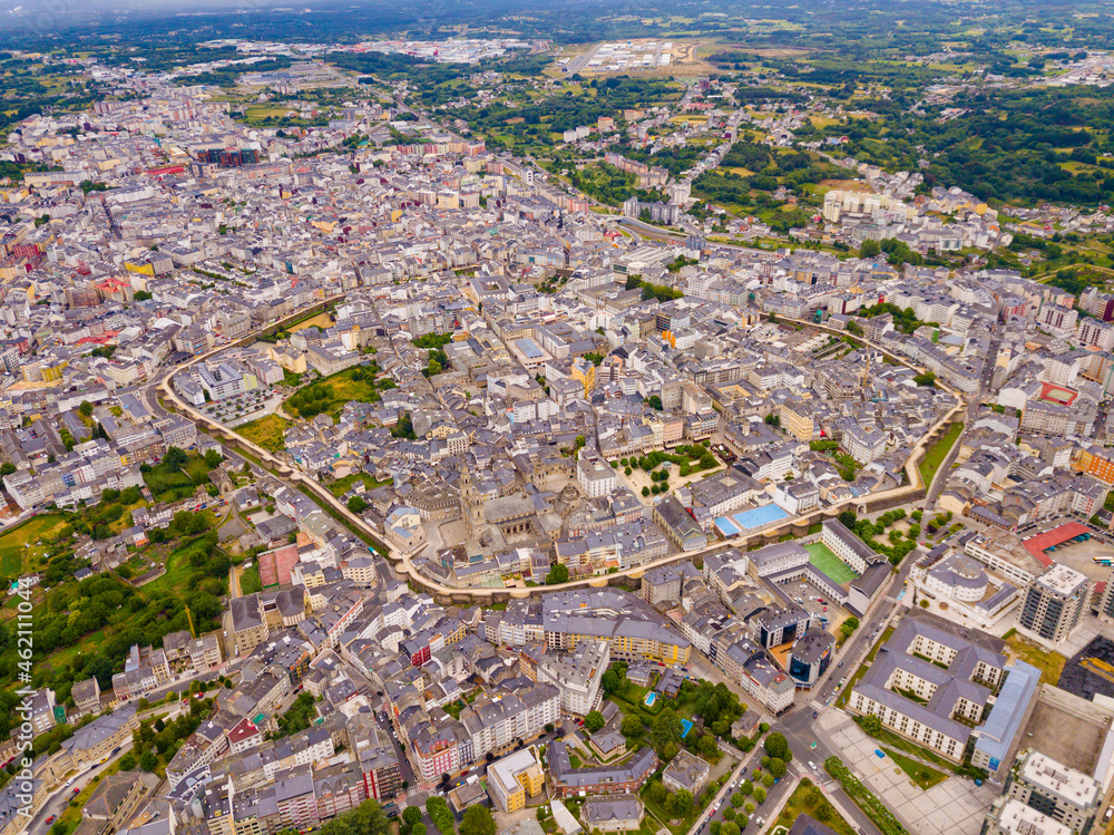 Aerial panoramic view of Lugo city with buildings and landscape, Galicia ..