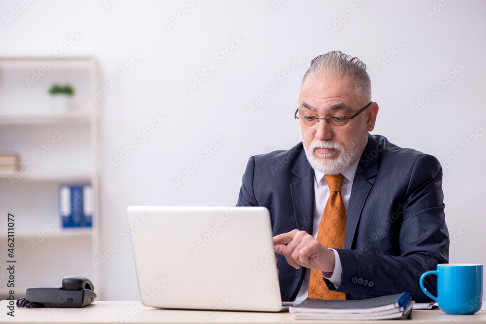 Old male employee working in the office Old male employee working in the office