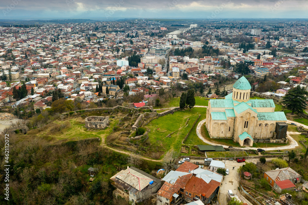 Aerial view of cathedral of the Dormition in the center of Kutaisi city, Georgia