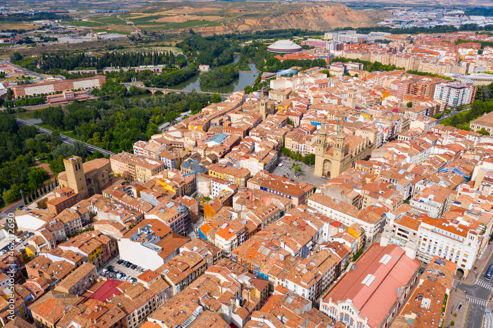 View from drone of Logrono city, with landscape and buildings, Spain