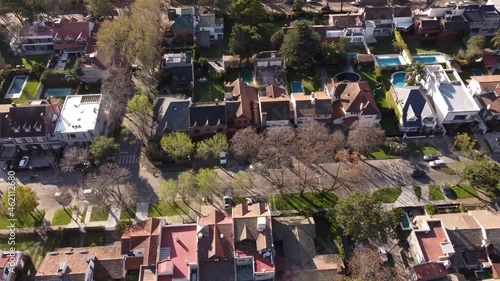 Aerial tilt down over residential area of Vicente Lopez, Buenos Aires. Argentine photo