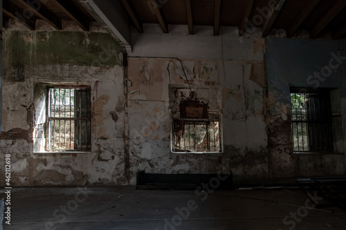Bangkok, Thailand - Feb 2, 2020 : Abandoned buildings : Within the old customs house Or Old bang rak fire station. One of more than 120 years old architecture. Old buildings, Selective focus.